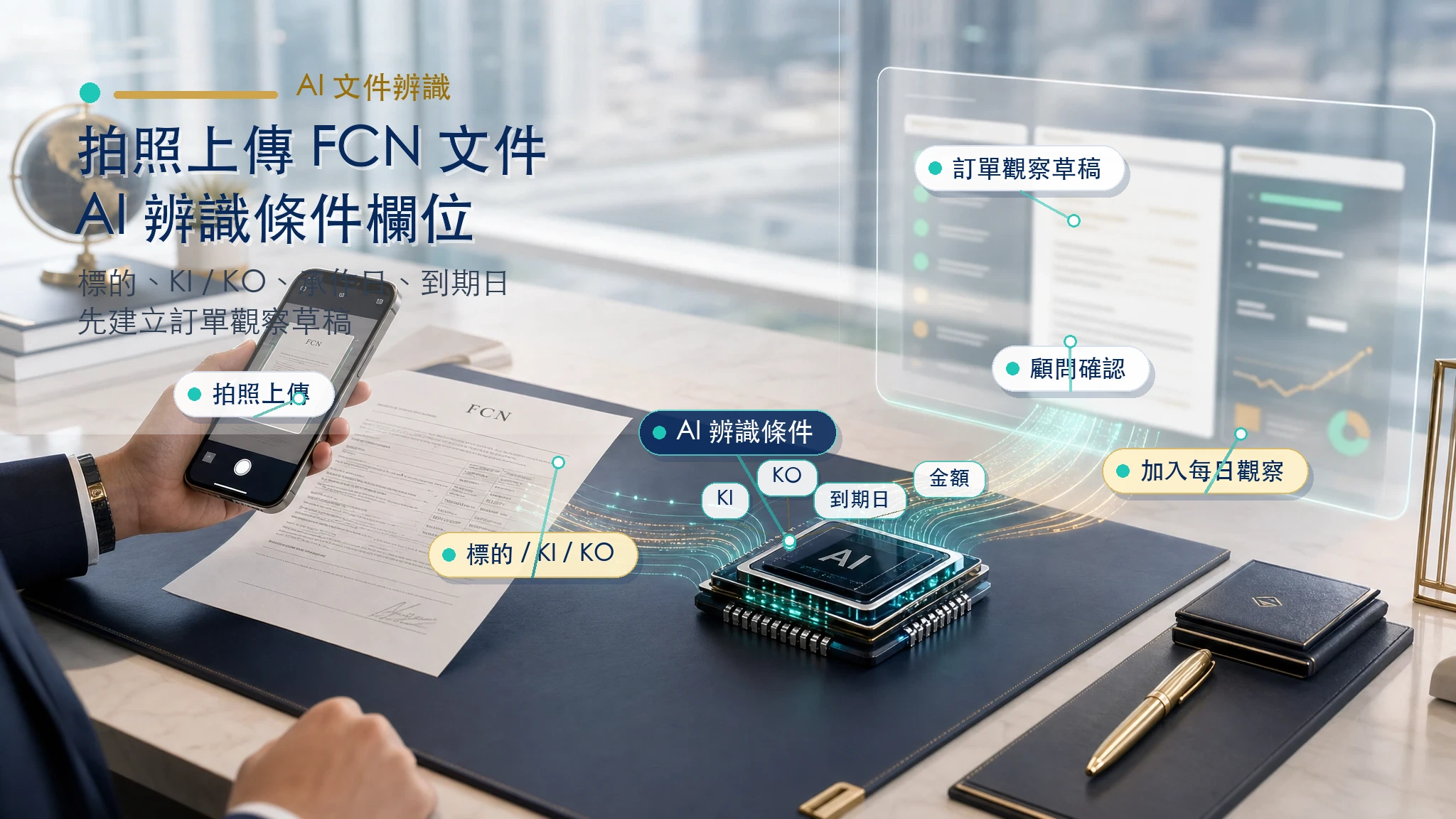 FCN 專業顧問拍照上傳文件後由 AI 辨識欄位並建立訂單草稿的場景示意圖