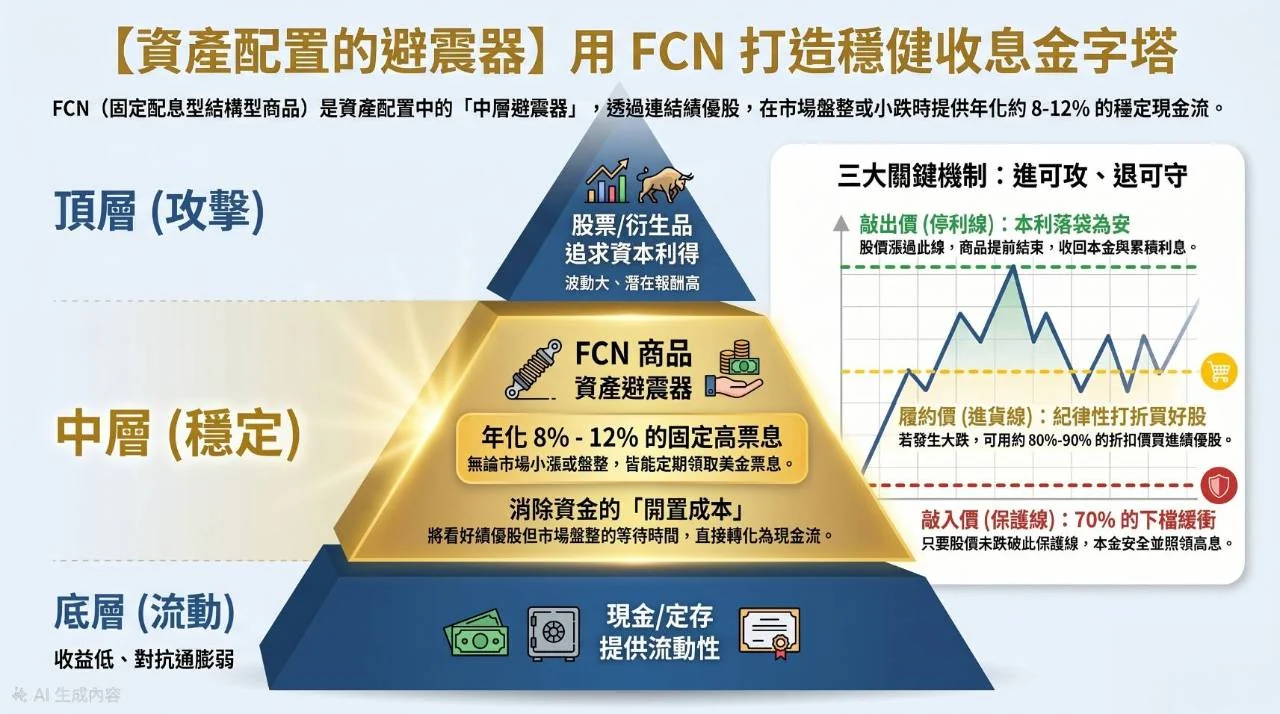 FCN 作為資產配置避震器的金字塔示意，說明現金定存、FCN 固定票息與股票追求資本利得的風險收益層次